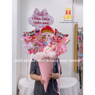 Ốc quế bánh kẹo mix cùng gấu bông, set quà tặng bạn gái, bé gái, quà sinh nhật dễ thương, lẵng bánh kẹo tone hồng