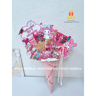 Ốc quế bánh kẹo mix cùng gấu bông, set quà tặng bạn gái, bé gái, quà sinh nhật dễ thương, lẵng bánh kẹo tone hồng