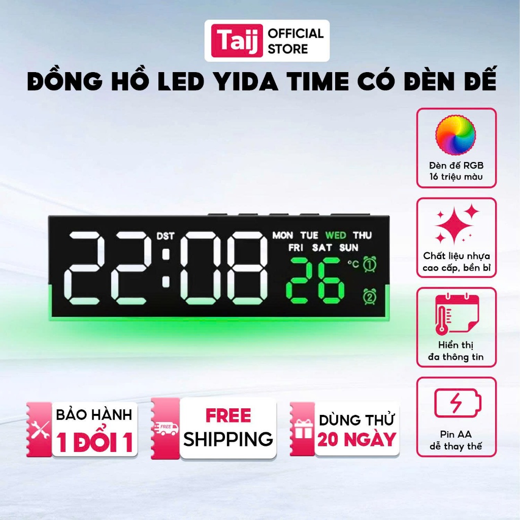Đồng Hồ LED Có Đèn Dưới Đế Yida Time 5519, Hiển Thị Ngày Tháng Rõ Nét, Báo Thức Siêu Tiện Lợi