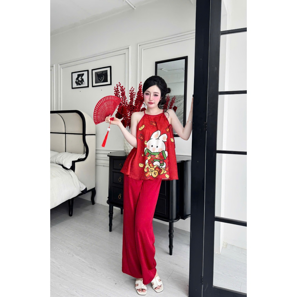 Bộ yếm nữ Tết đính ngọc Vy Linh quần dài chất liệu gấm phối quần latin mềm mại, thoáng mát, thấm hút mồ hôi tốt s1256 3D