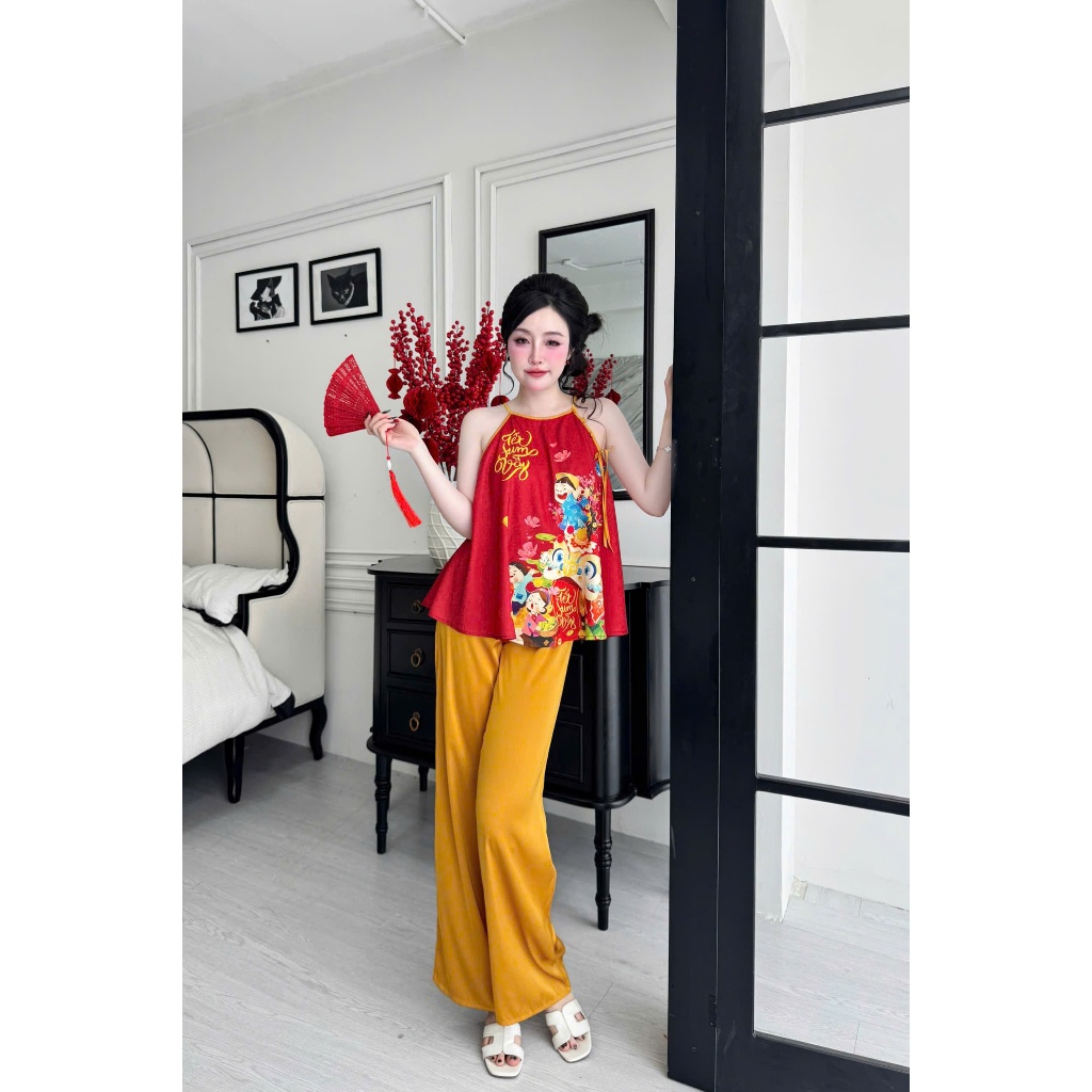Bộ yếm nữ Tết đính ngọc Vy Linh quần dài chất liệu gấm phối quần latin mềm mại, thoáng mát, thấm hút mồ hôi tốt s1256 3D