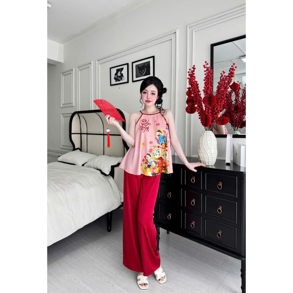 Bộ yếm nữ Tết đính ngọc Vy Linh quần dài chất liệu gấm phối quần latin mềm mại, thoáng mát, thấm hút mồ hôi tốt s1256 3D