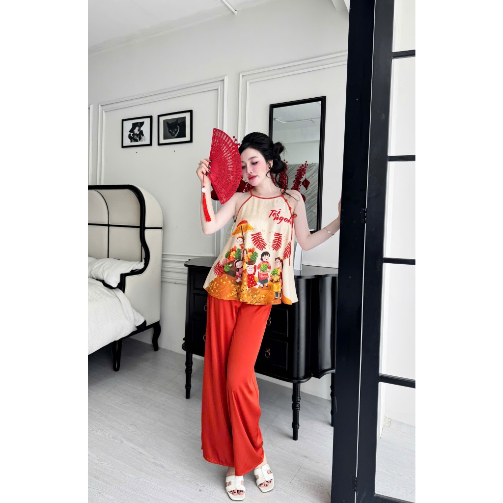 Bộ yếm nữ Tết đính ngọc Vy Linh quần dài chất liệu gấm phối quần latin mềm mại, thoáng mát, thấm hút mồ hôi tốt s1256 3D