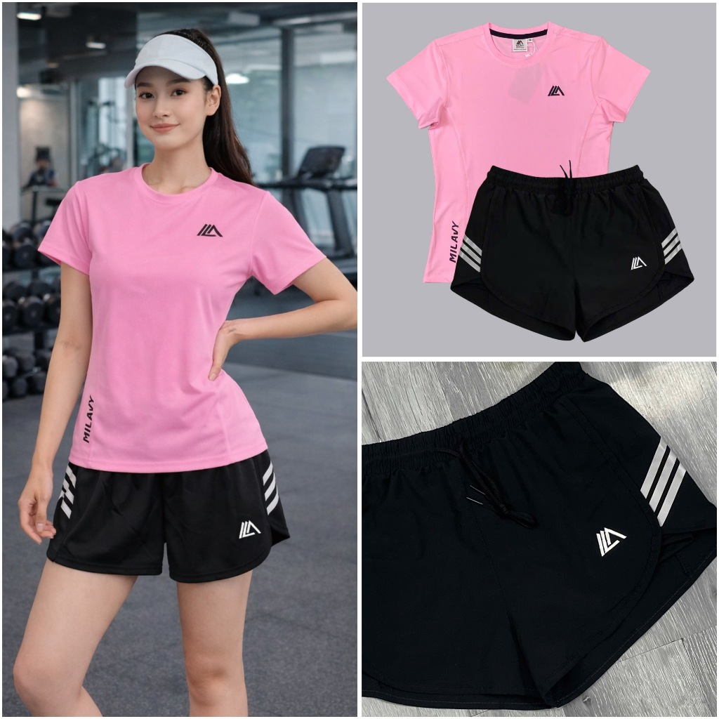 Bộ Quần Đùi 2 Lớp QN08 Kèm Áo Thun Thể Thao Nữ MILAVY AML08 Vải Thun Lạnh Co Giãn Tốt Tập Gym, Pickleball, Cầu Lông