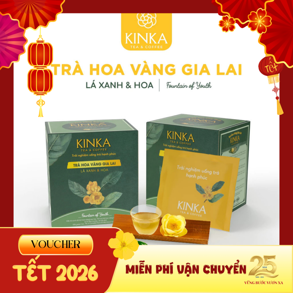 KINKA Trà Hoa Vàng Gia Lai - Lá Xanh & Hoa - FOUNTAIN OF YOUTH - Hộp 40g (20 gói x 2g)