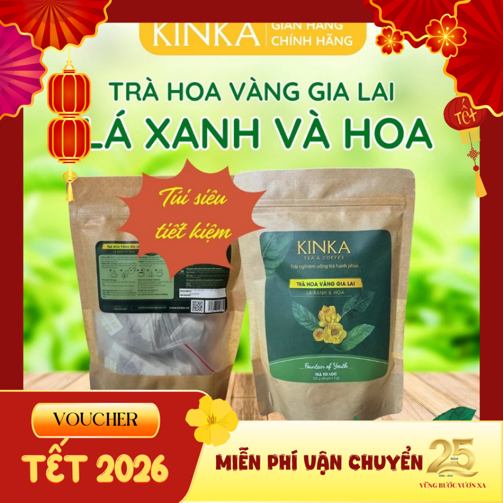 KINKA - Trà Hoa Vàng Gia Lai - Lá Xanh & Hoa KINKA Túi tiết kiệm - 60 gói x 2g