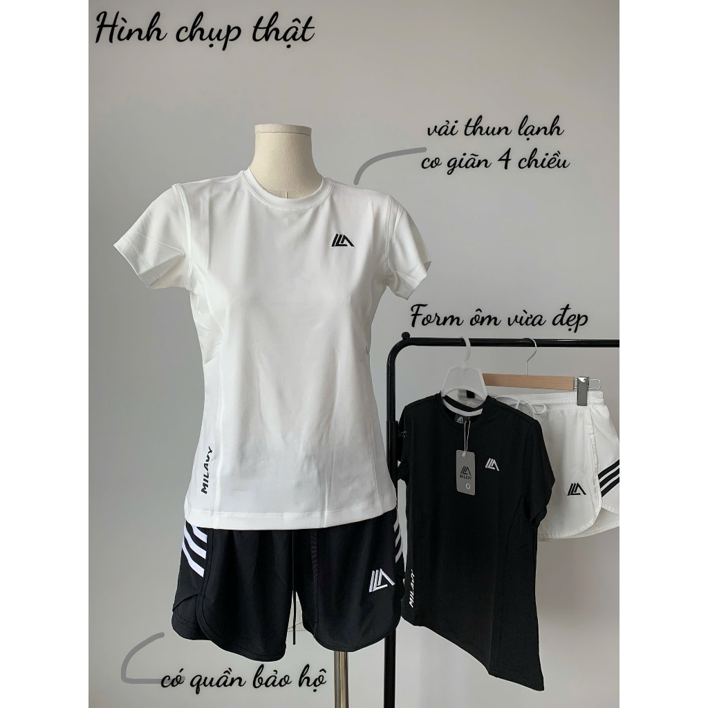 Bộ Quần Đùi 2 Lớp QN08 Kèm Áo Thun Thể Thao Nữ MILAVY AML08 Vải Thun Lạnh Co Giãn Tốt Tập Gym, Pickleball, Cầu Lông