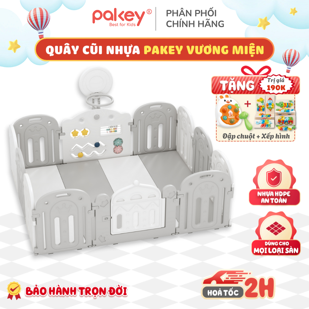 Quây Cũi Nhựa PAKEY Crown Nhật Bản 2026 Tặng Cột Bóng Rổ+ Thảm + 100 Bóng - Quây Nhựa Nguyên Sinh An Toàn Cho Bé