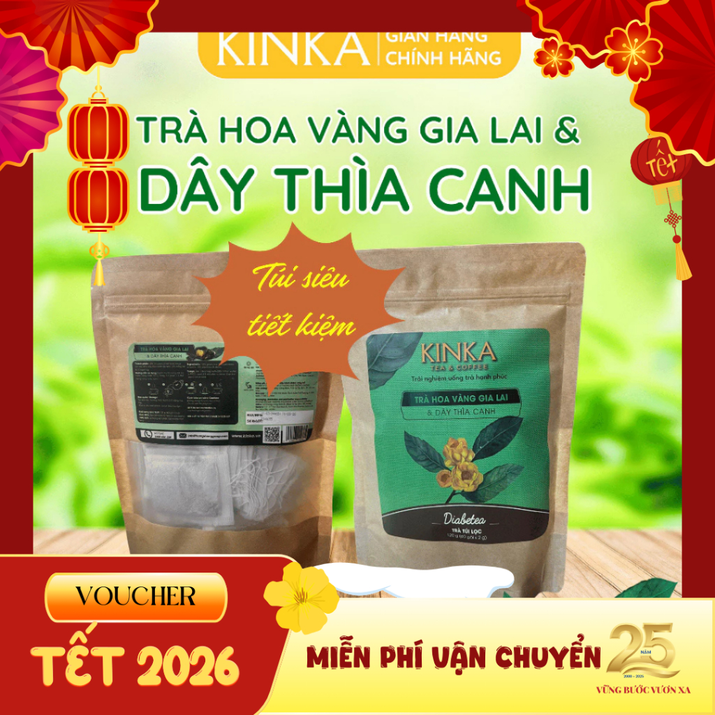 KINKA Trà Hoa Vàng Gia Lai & Dây Thìa Canh Túi tiết kiệm - 60 gói x 2g - Hỗ trợ bệnh tiểu đường