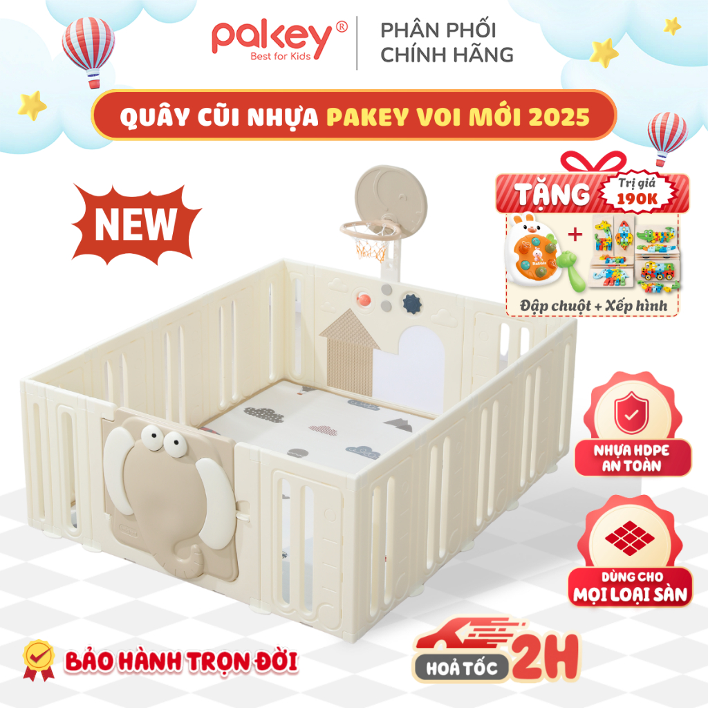 [Hỏa tốc] Bộ Quây Cũi Full Set Cao Cấp Pakey Voi Luxury, Quây Cũi Nhựa Tích Hợp Nhiều Trò Chơi Thú Vị Cho Bé