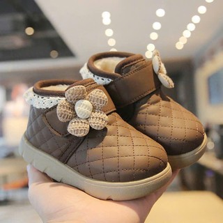Sz 20-28 Bốt Lót Lông Cổ Ren Quai Dán Đính Hoa Ấm Áp Cho Bé Gái K153