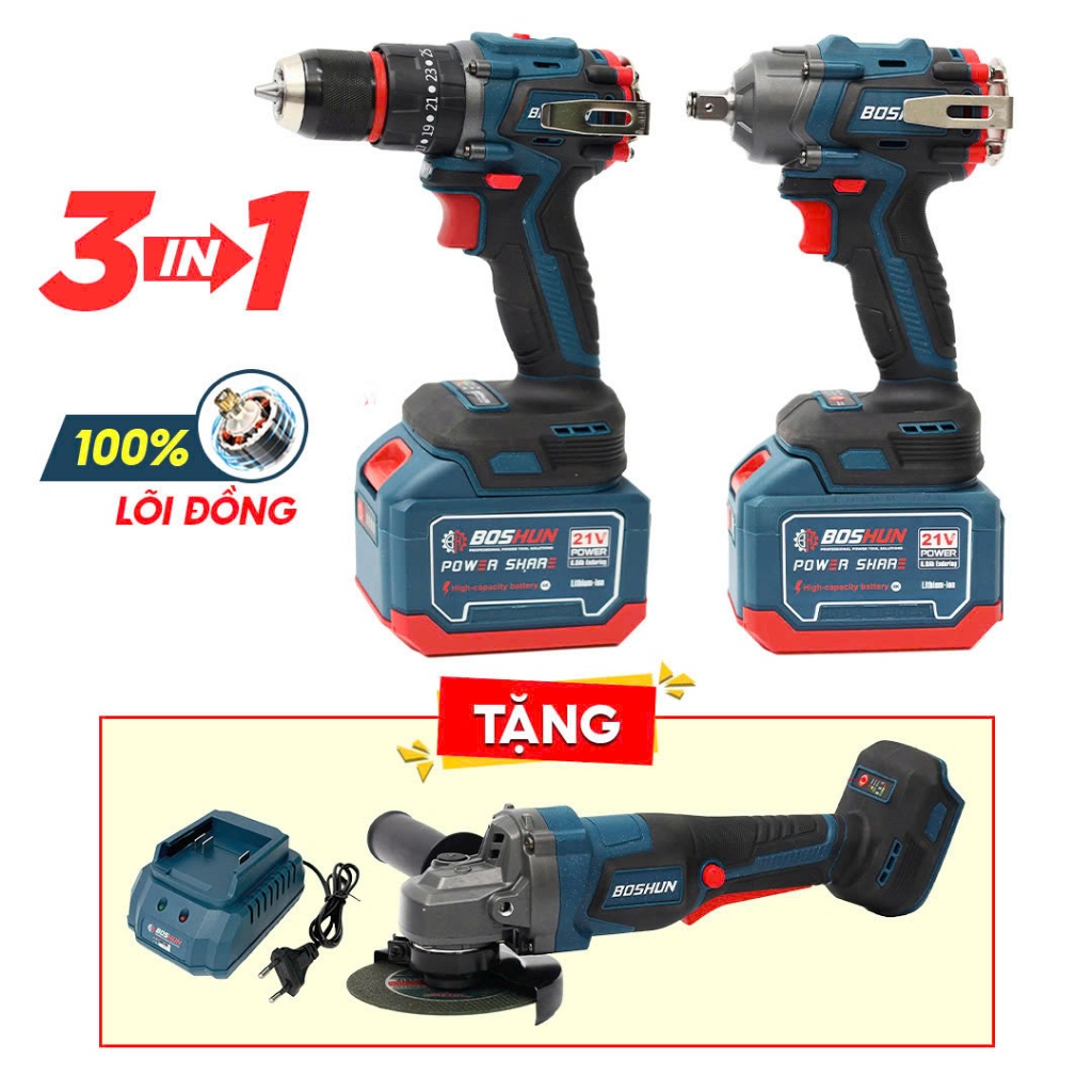 Combo Dụng Cụ Máy Pin BOSHUN BS-CB3PCS Bộ 3 Máy Khoan, Bulong, Máy Mài  Mạnh Mẽ – Đa Năng – Tiết Kiệm