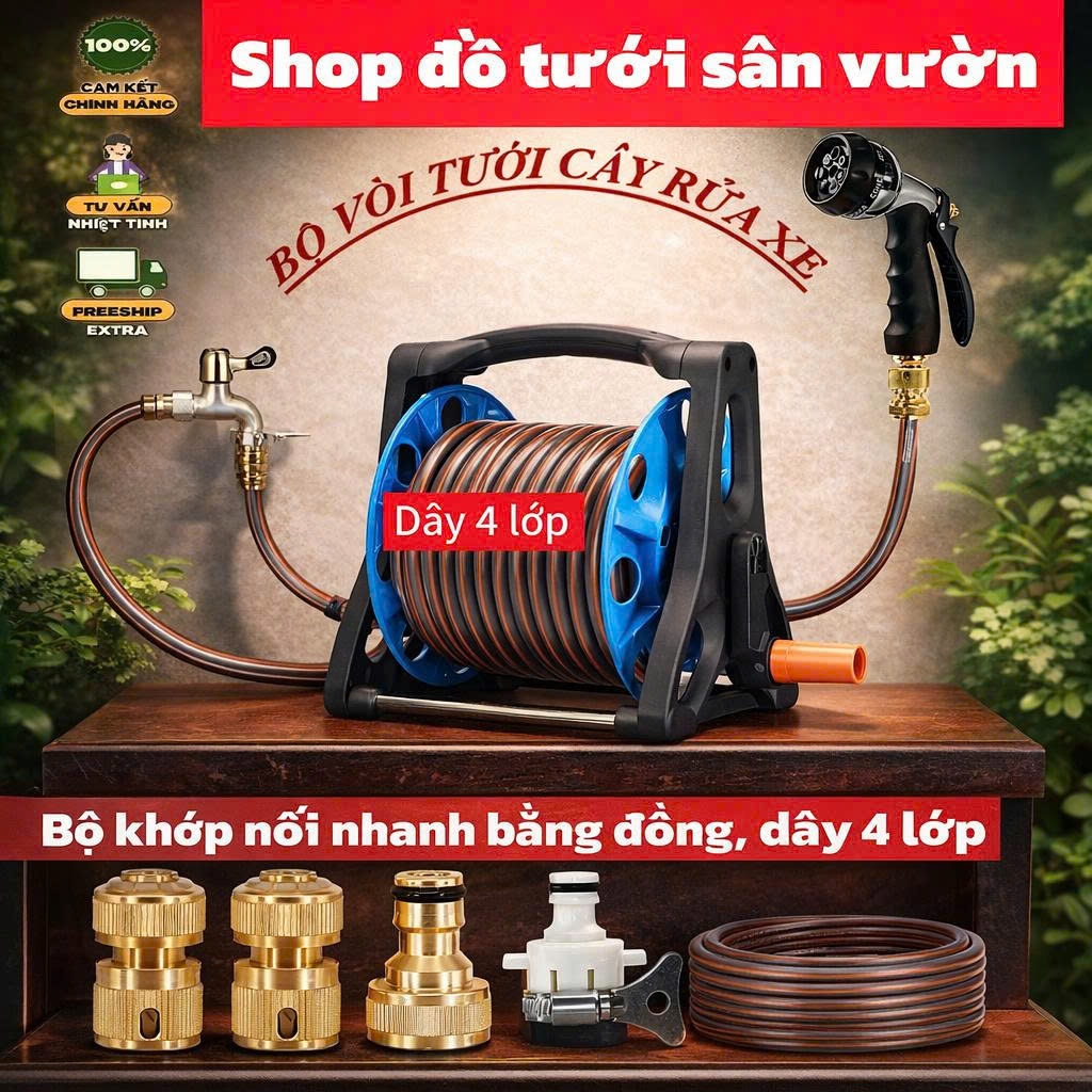 Bộ Vòi tưới cây rửa xe rulo cuộn tay 8 kiểu phun, vòi phun kim loại ...