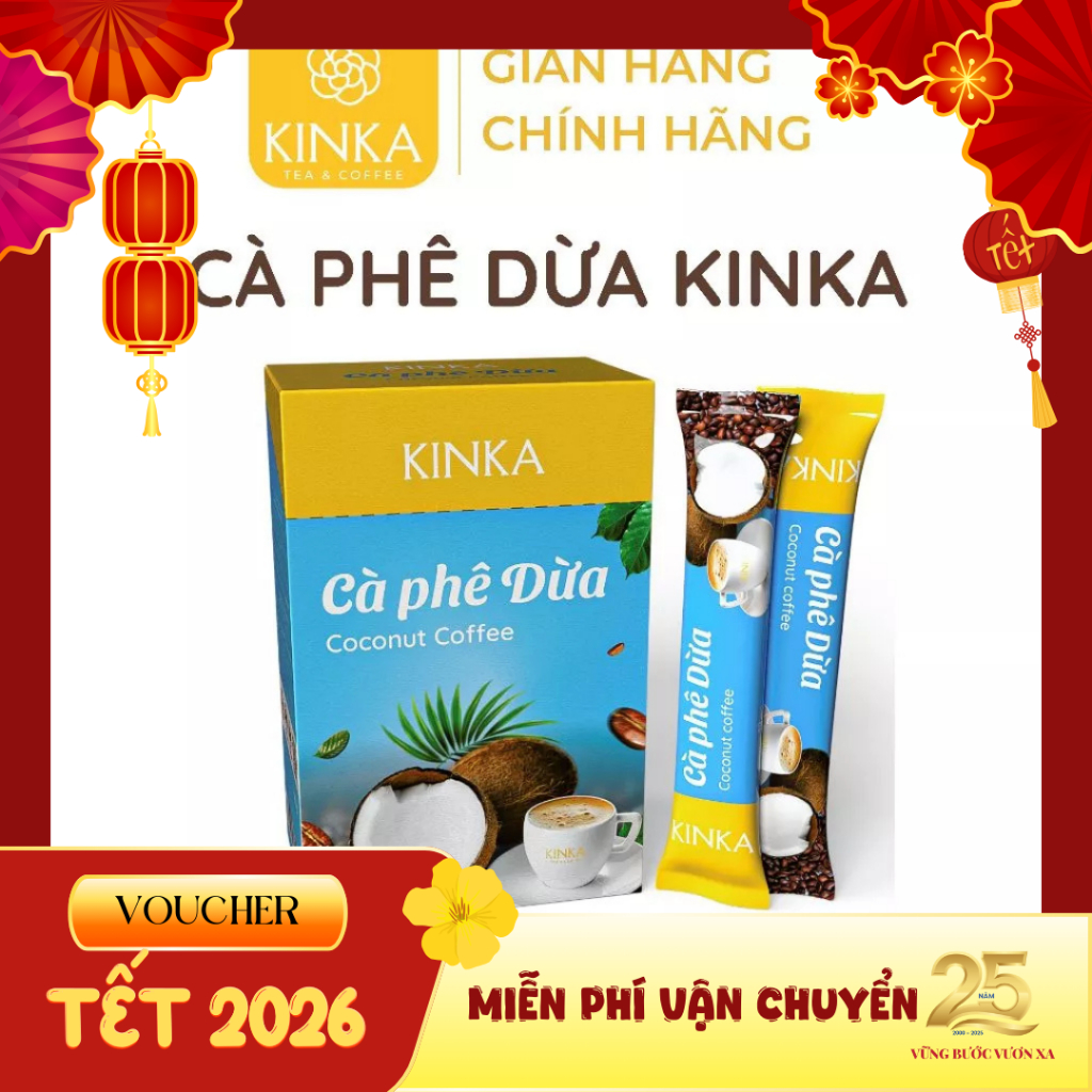 KINKA Cà phê dừa hoà tan, vị dừa, thơm béo - 180g (10 gói x 18g), Cà phê hòa tan