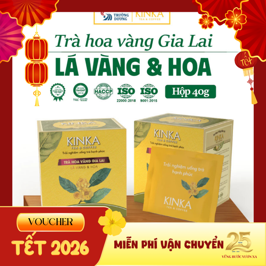 KINKA Trà Hoa Vàng Gia Lai - Lá Vàng & Hoa - IMMORTALITEA - Hộp 40g (20 gói x 2g)
