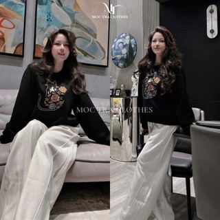 Set bộ nỉ mèo Loại 1 thiết kế gồm áo nỉ thêu mèo và quần dạ suông rộng siêu xinh