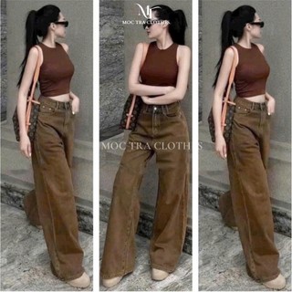 Quần jean nâu Loại 1 dáng suông rộng cạp cao thêu túi alo tôn dáng siêu xinh