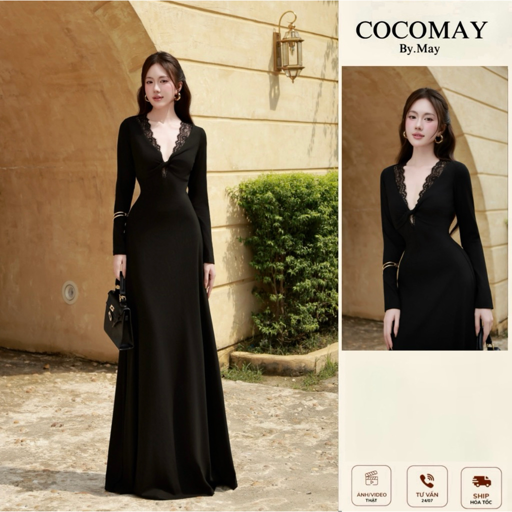 COCOMAY Đầm maxi xoắn ngực viền ren | Shopee Việt Nam