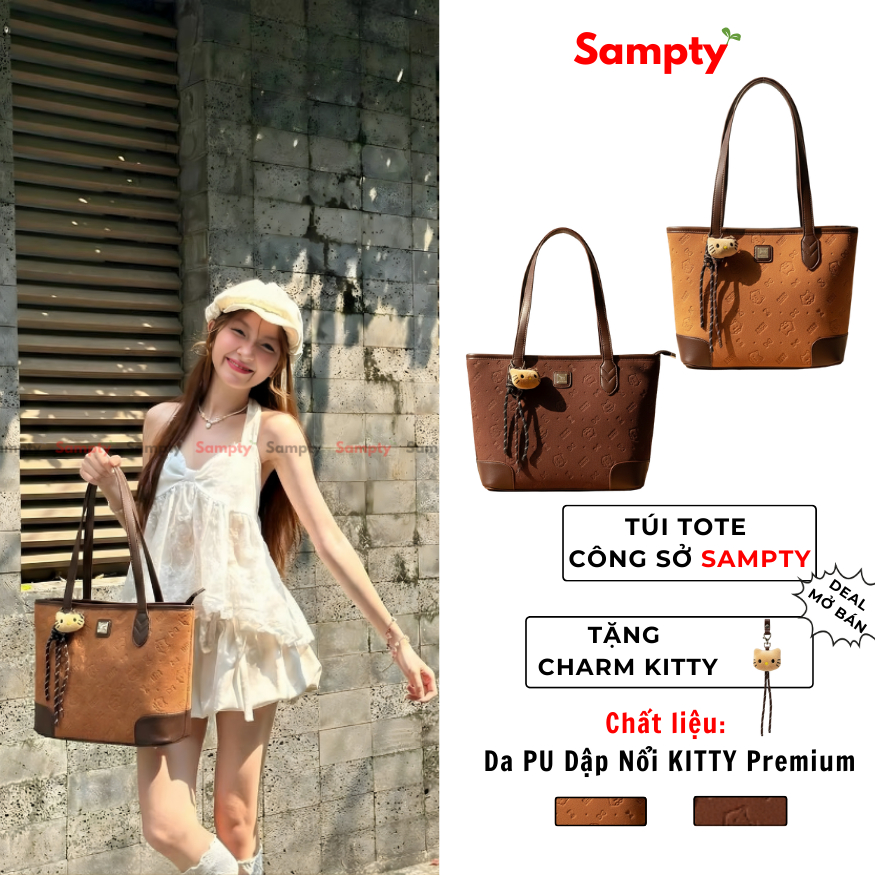 [ TẶNG KÈM CHARM] Túi Tote 𝐒𝐚𝐦𝐩𝐭𝐲 Dập Nổi Hoạ Tiết Hello Kitty Siêu Xinh Phù Hợp Đi Làm, Đi Học