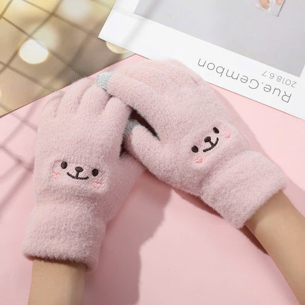 Găng tay nữ len mềm mịn hoạ tiết mặt cười