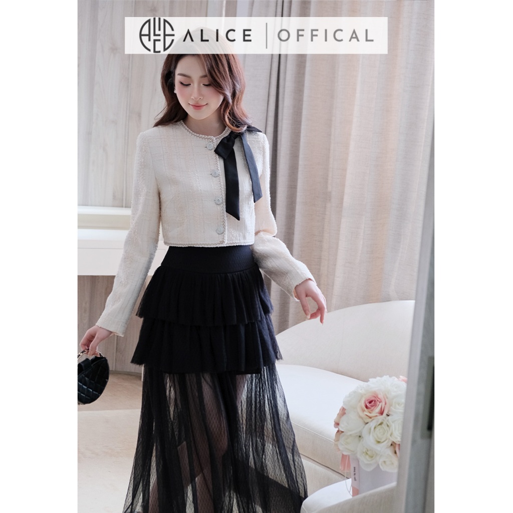 Set Váy Cao Cấp Alice, Áo Dạ Tweet Croptop Dài Tay Cổ Tròn Đính Nơ, Chân Váy Lưới 3 Tầng Dáng Dài Maxi S1024