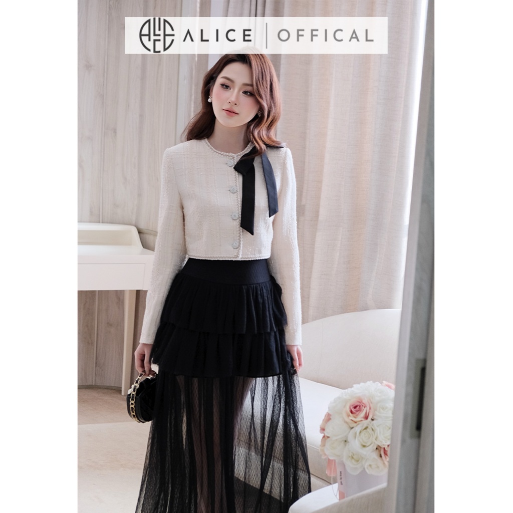Set Váy Cao Cấp Alice, Áo Dạ Tweet Croptop Dài Tay Cổ Tròn Đính Nơ, Chân Váy Lưới 3 Tầng Dáng Dài Maxi S1024