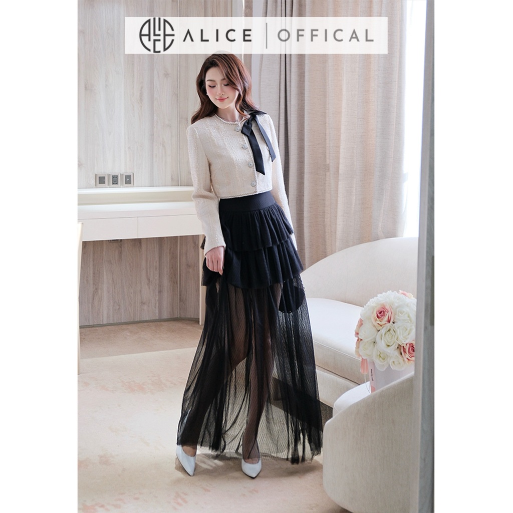 Set Váy Cao Cấp Alice, Áo Dạ Tweet Croptop Dài Tay Cổ Tròn Đính Nơ, Chân Váy Lưới 3 Tầng Dáng Dài Maxi S1024