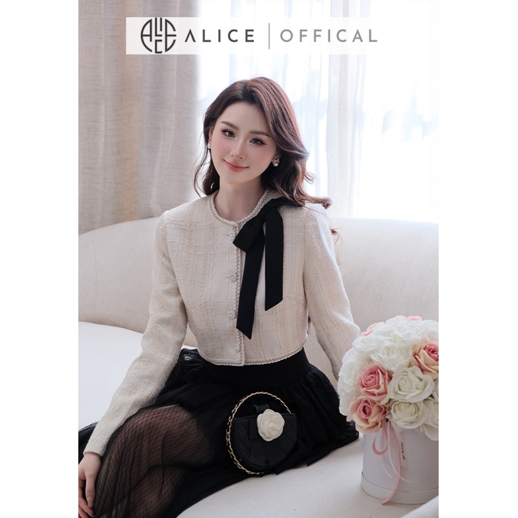 Set Váy Cao Cấp Alice, Áo Dạ Tweet Croptop Dài Tay Cổ Tròn Đính Nơ, Chân Váy Lưới 3 Tầng Dáng Dài Maxi S1024