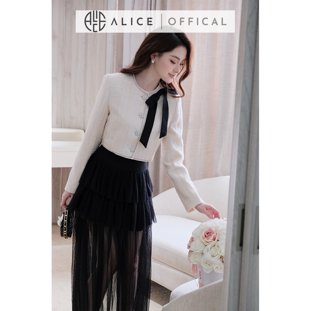 Set Váy Cao Cấp Alice, Áo Dạ Tweet Croptop Dài Tay Cổ Tròn Đính Nơ, Chân Váy Lưới 3 Tầng Dáng Dài Maxi S1024