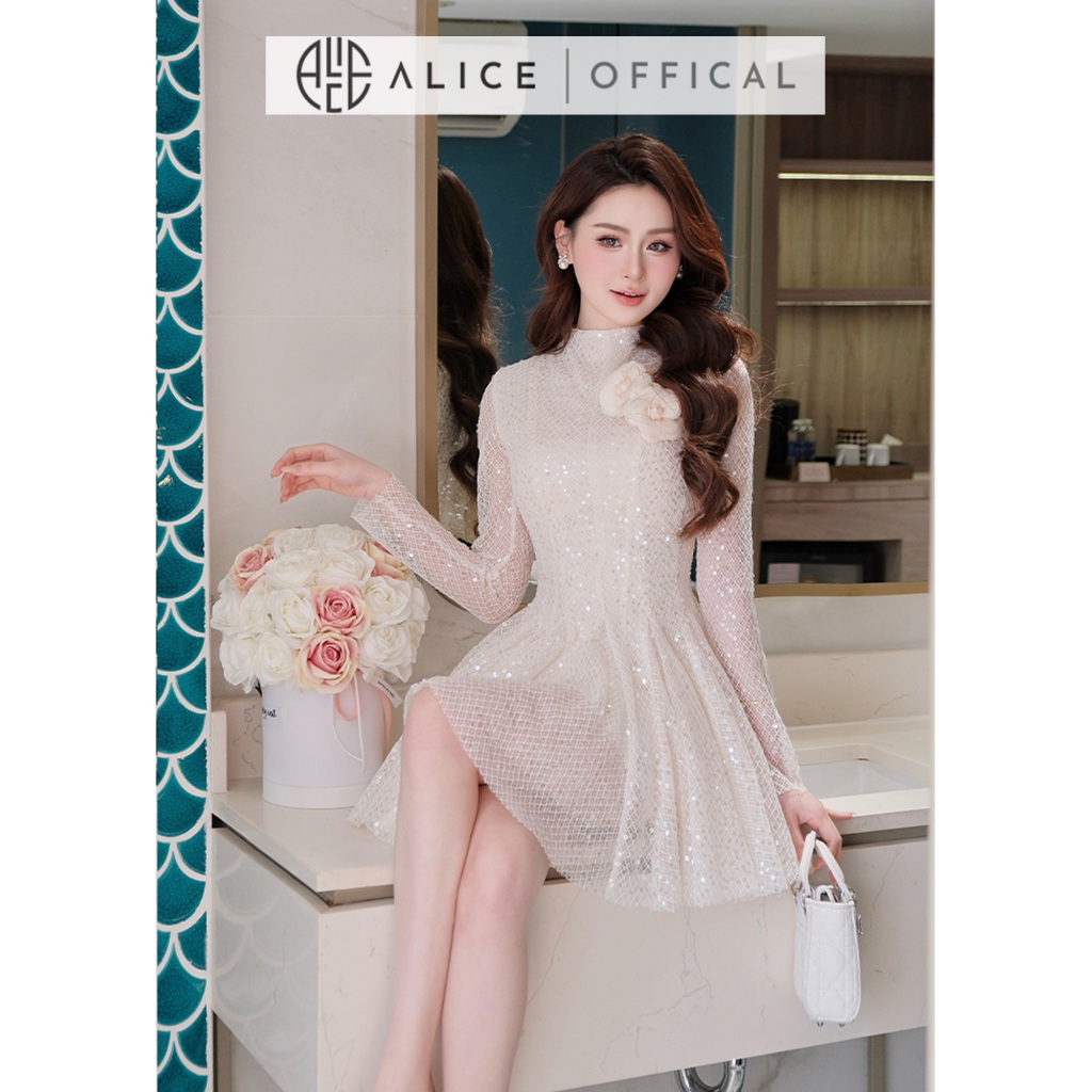 Váy Dự Tiệc Cao Cấp Alice Chất Ren Kim Sa Lót Lụa, Đầm Ngắn Cổ Lọ, Đính Hoa Nổi Ở Ngực, Thiết Kế Chữ A V1437
