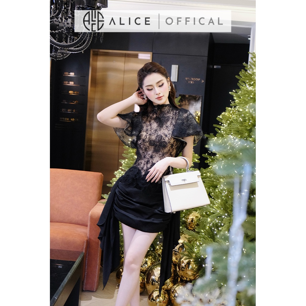 Váy Dự Tiệc Cao Cấp Alice Chất Ren Hoa Lót Lưới Phối Chân Váy Lụa, Cổ Lọ Tay Ngắn Bồng V1432