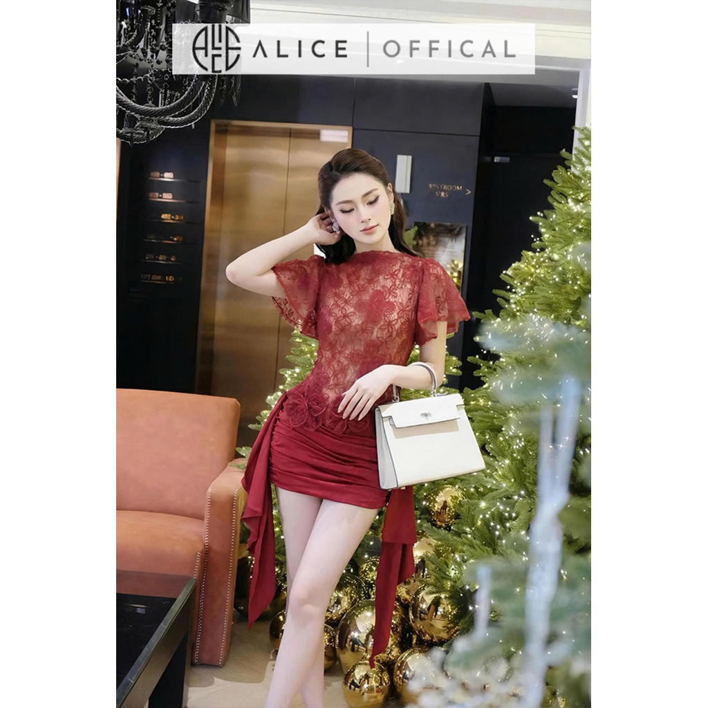 Váy Dự Tiệc Cao Cấp Alice Chất Ren Hoa Lót Lưới Phối Chân Váy Lụa, Cổ Lọ Tay Ngắn Bồng V1432