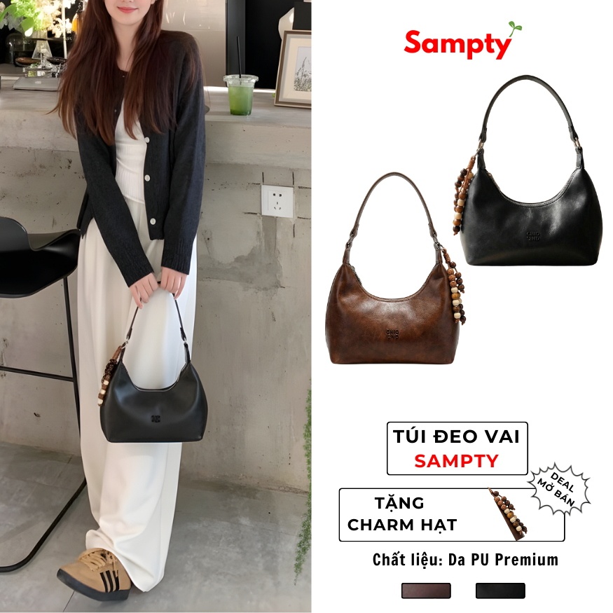 [TẶNG KÈM CHARM] - Túi Baguette 𝐒𝐚𝐦𝐩𝐭𝐲 Da Mềm Vintage – Túi Đeo Vai, Đeo Nách Nữ, 2 Màu Đen/Nâu TDV10010