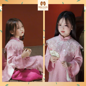 Combo áo dài tết bé gái hồng và vân kiên cổ, tơ song kim, từ 8kg-36kg
