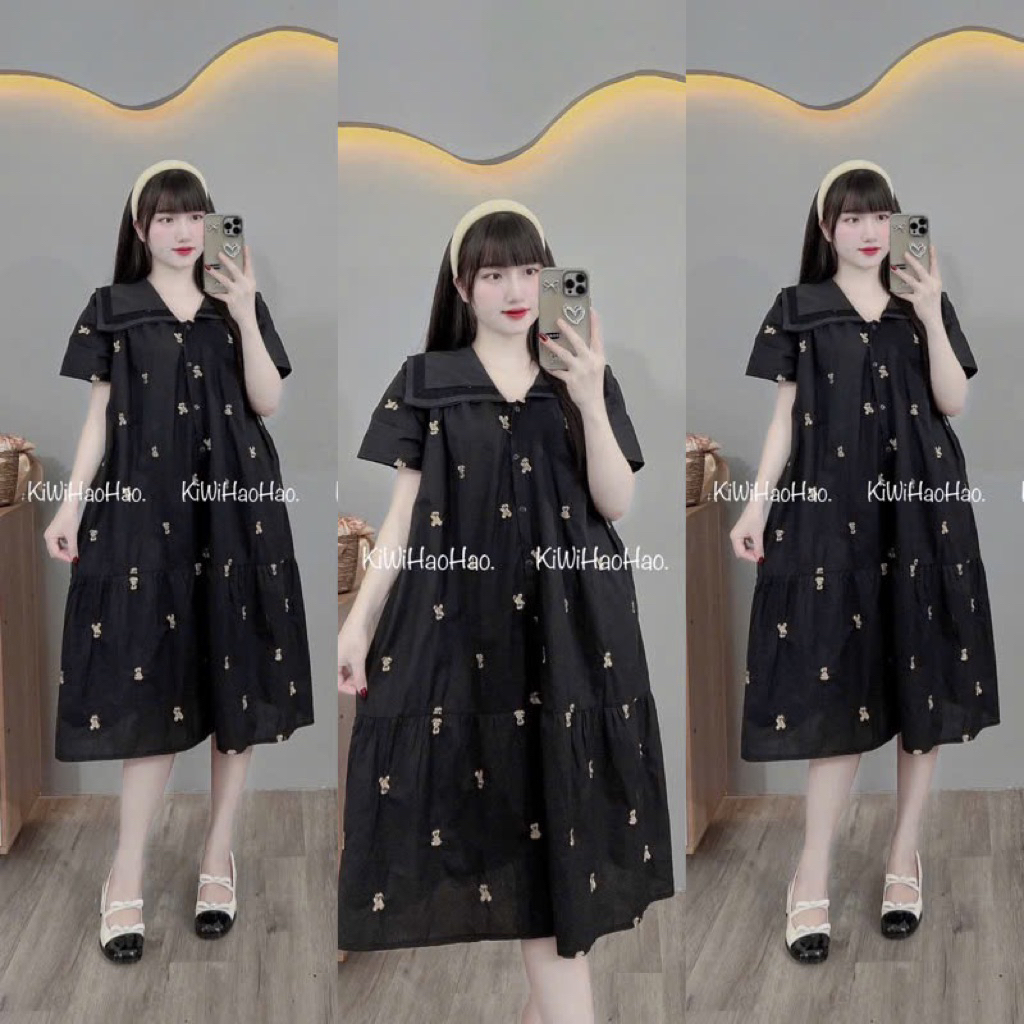 VÁY BẦU CỘC TAY DÁNG XUÔNG THÊU HÌNH GẤU DÀI CỔ VUÔNG 2 lớp- 2 màu