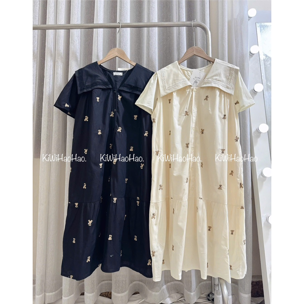 VÁY BẦU CỘC TAY DÁNG XUÔNG THÊU HÌNH GẤU DÀI CỔ VUÔNG 2 lớp- 2 màu