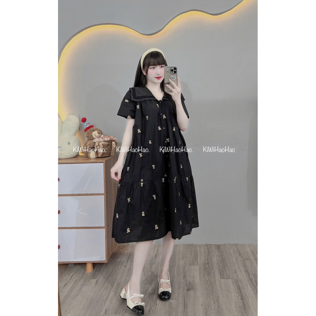VÁY BẦU CỘC TAY DÁNG XUÔNG THÊU HÌNH GẤU DÀI CỔ VUÔNG 2 lớp- 2 màu
