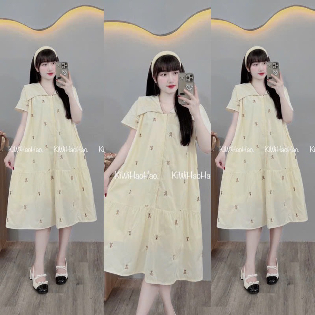 VÁY BẦU CỘC TAY DÁNG XUÔNG THÊU HÌNH GẤU DÀI CỔ VUÔNG 2 lớp- 2 màu