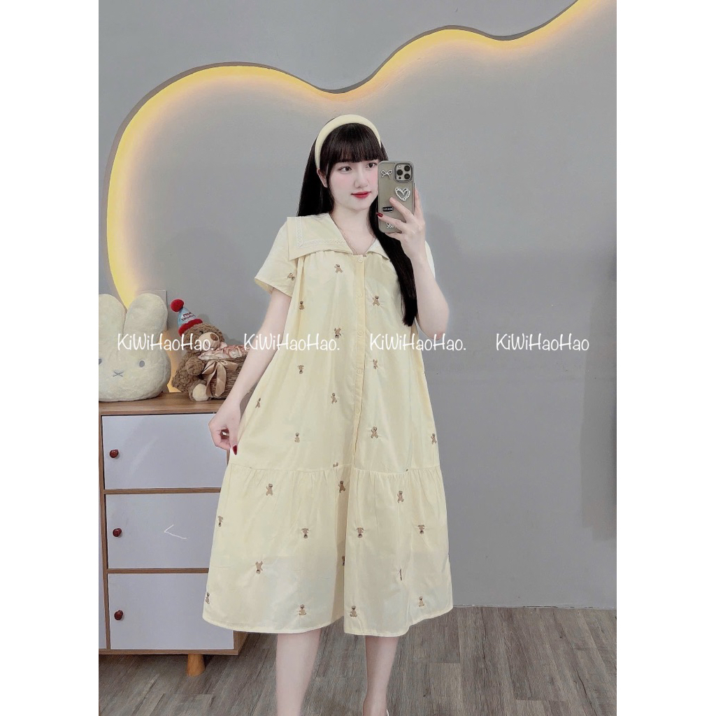 VÁY BẦU CỘC TAY DÁNG XUÔNG THÊU HÌNH GẤU DÀI CỔ VUÔNG 2 lớp- 2 màu