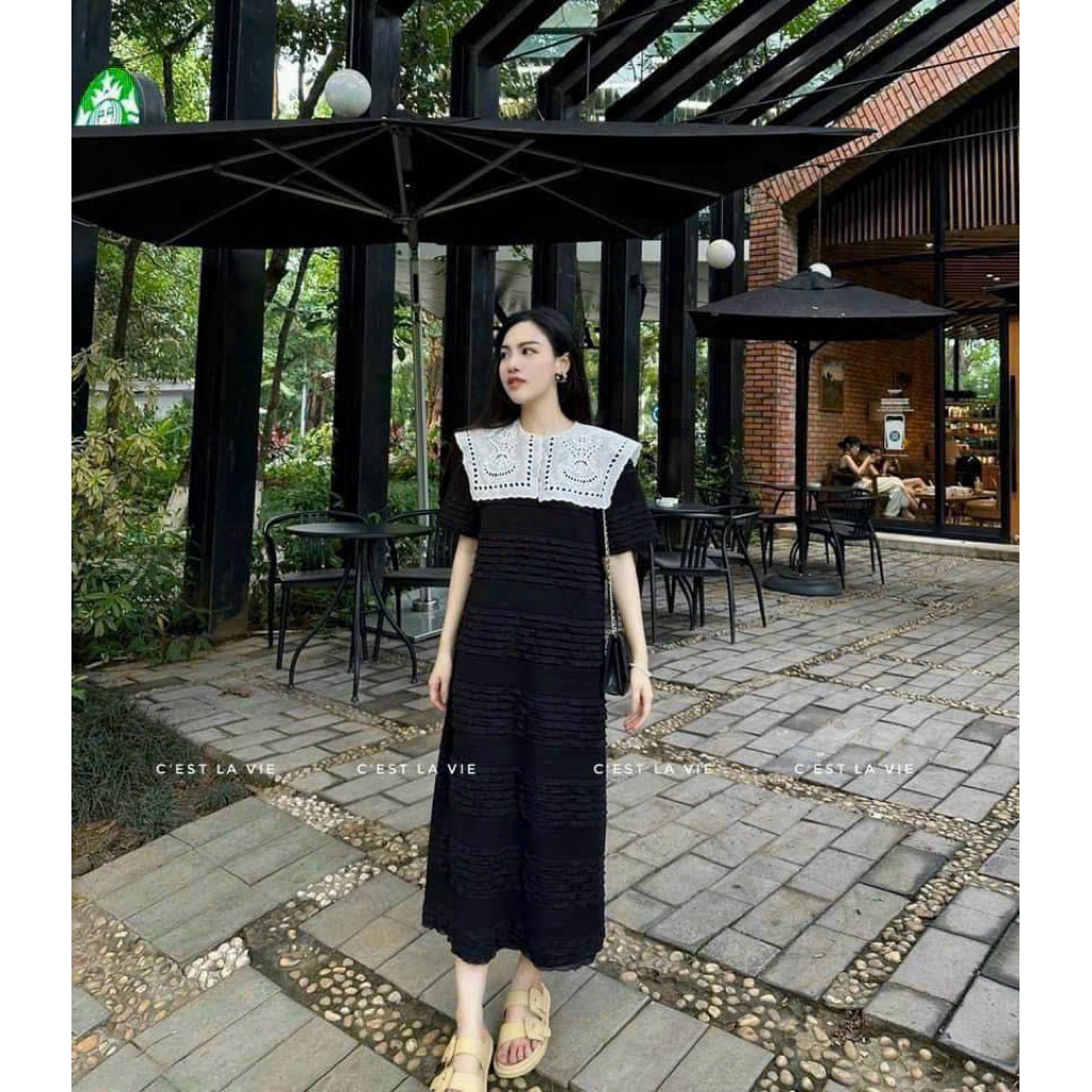VÁY BẦU CỘC TAY REN DÁNG XUÔNG DÀI CỔ VUÔNG 2 lớp-3 màu