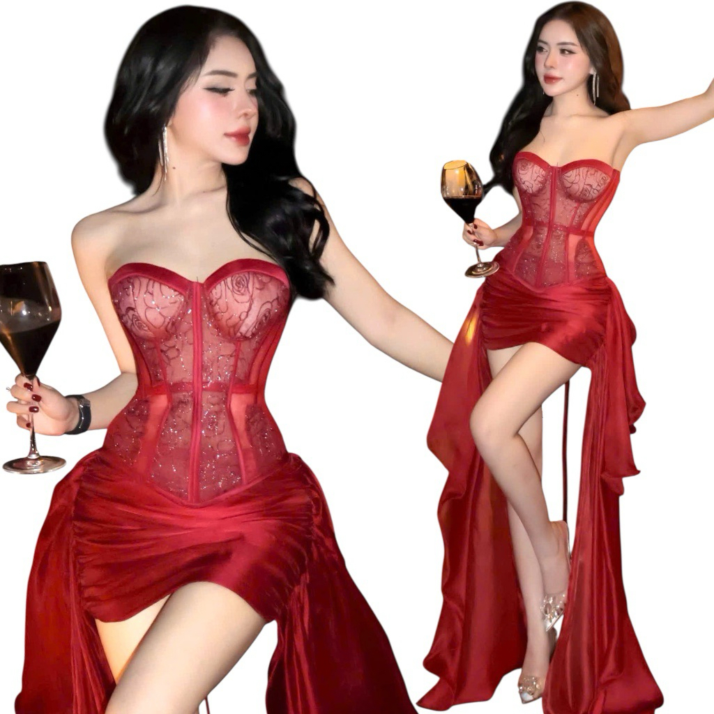 Set Áo Cúp Ngực Corset + Chân Váy Tua Rua