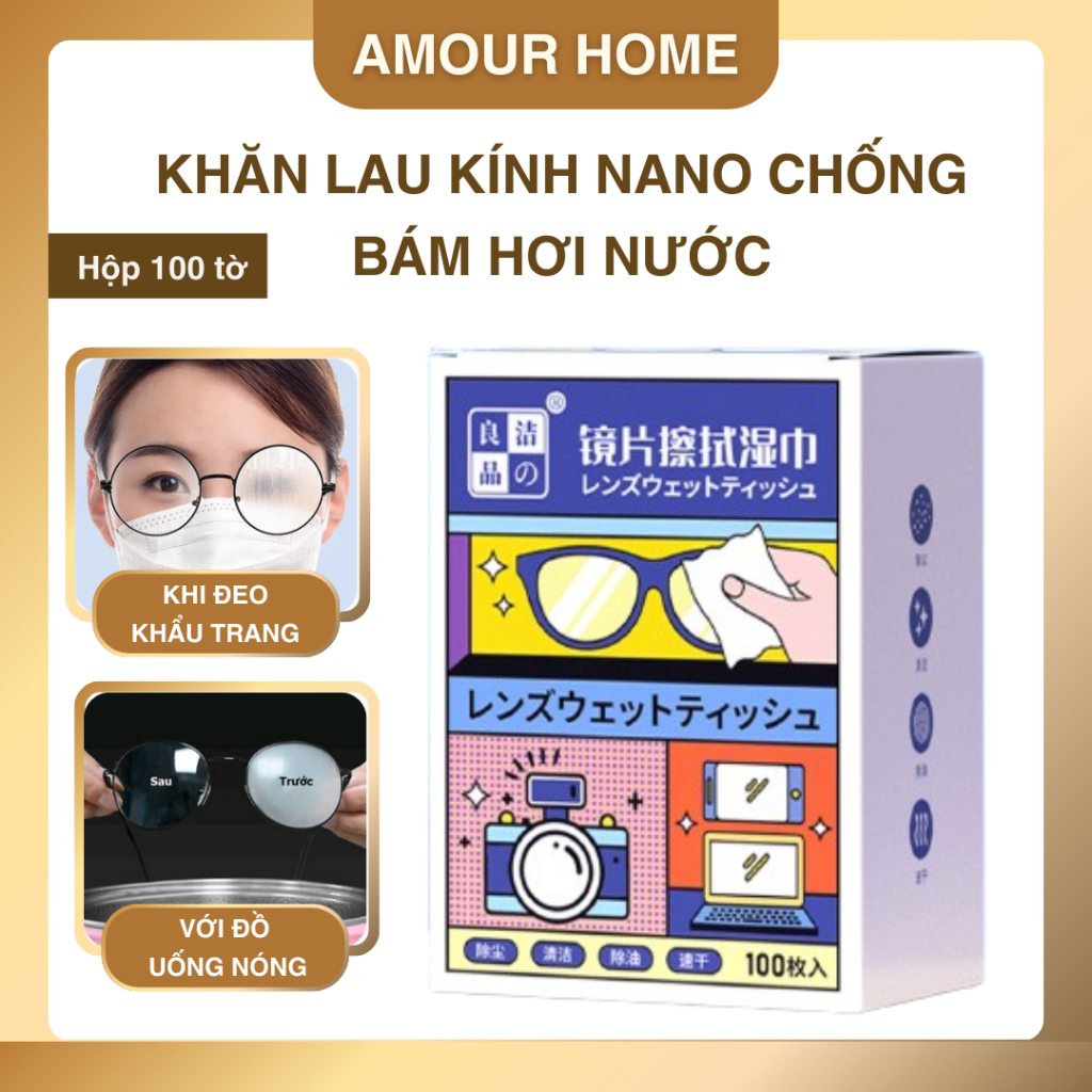 Hộp 100 Khăn lau kính nano JYoohome chống bám hơi nước, giấy lau kính mắt chống sương mù mồ hôi