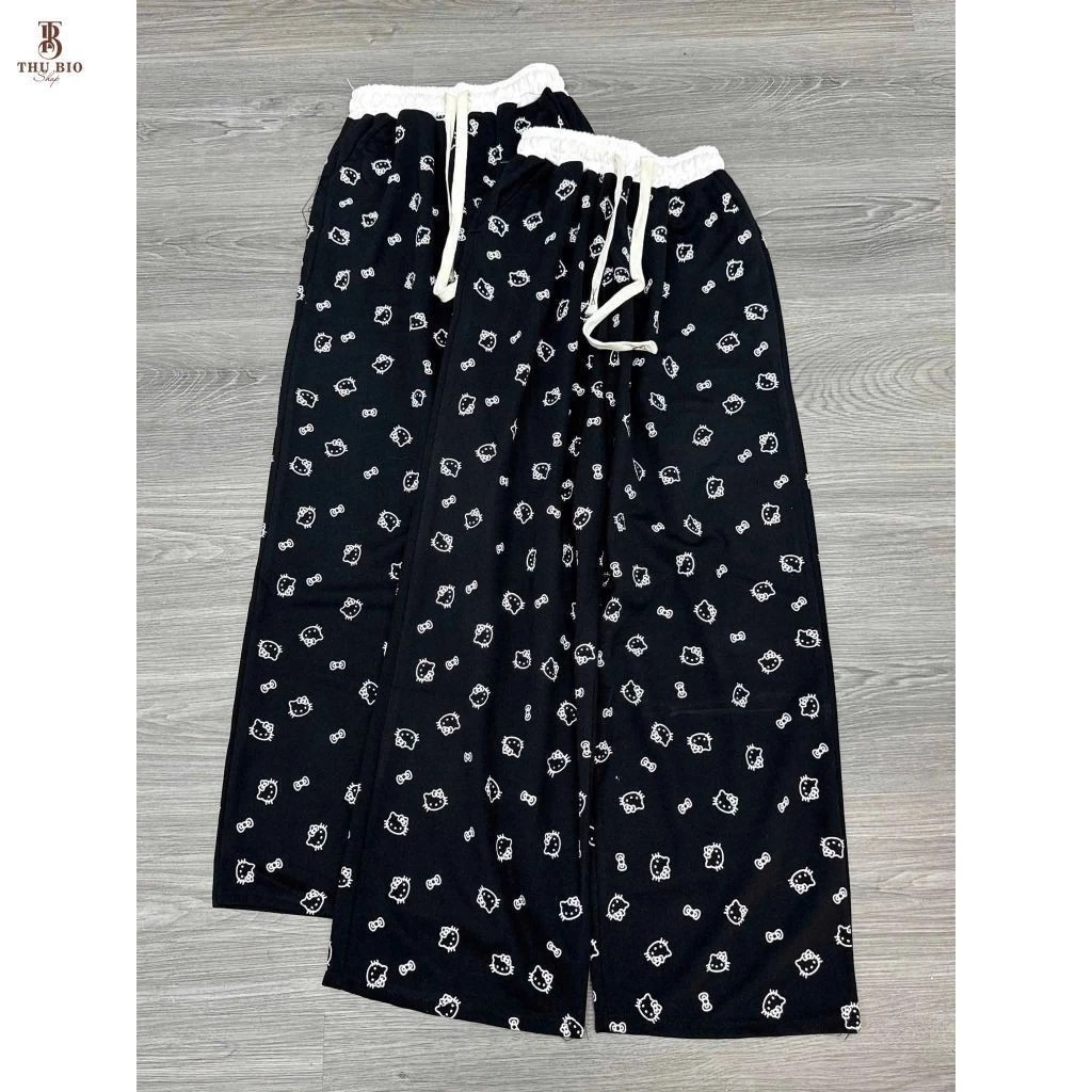 Sét Bộ Nữ Mặc Hè Basic Xinh Yêu Áo Thun From Babytee Phối Quần Dài Kitty ống Rộng Cạp Trắng Siêu Đẹp