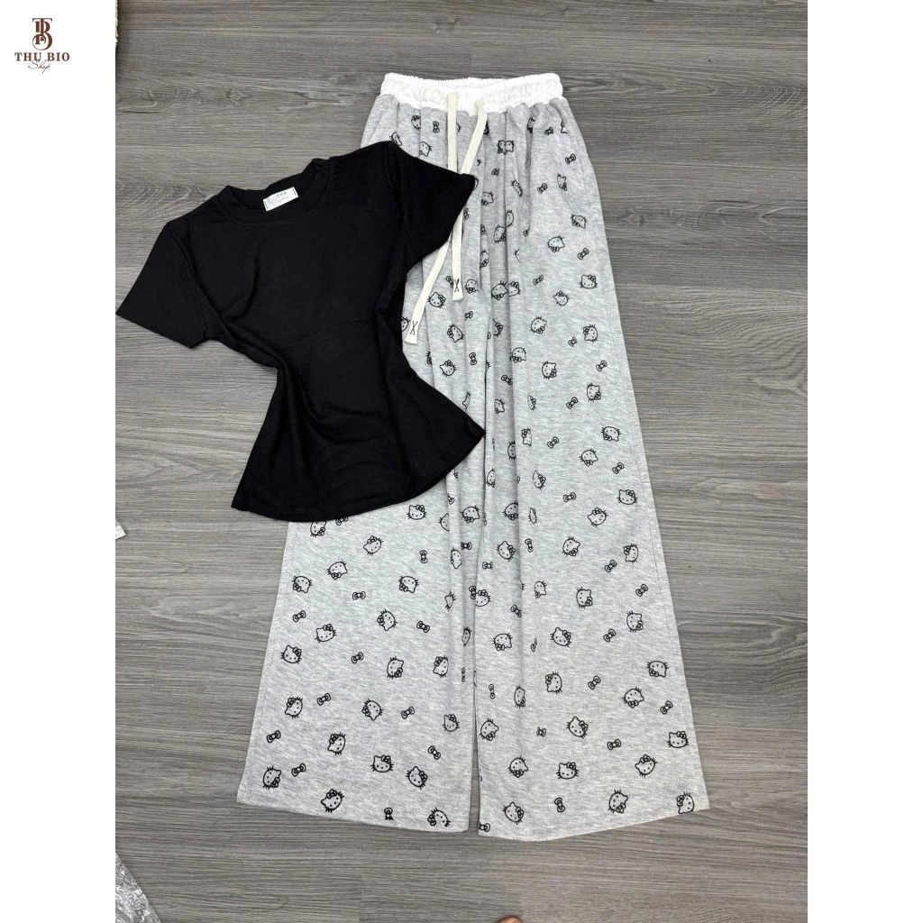 Sét Bộ Nữ Mặc Hè Basic Xinh Yêu Áo Thun From Babytee Phối Quần Dài Kitty ống Rộng Cạp Trắng Siêu Đẹp