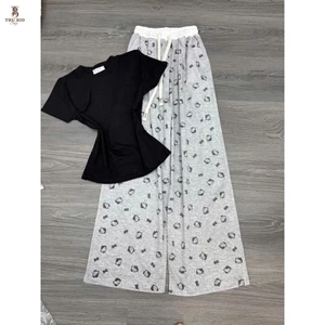 Sét Bộ Nữ Mặc Hè Basic Xinh Yêu Áo Thun From Babytee Phối Quần Dài Kitty ống Rộng Cạp Trắng Siêu Đẹp