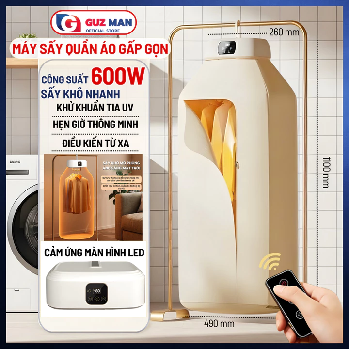 Máy sấy quần áo gấp gọn 600W Sấy nhanh khô đều Khử khuẩn