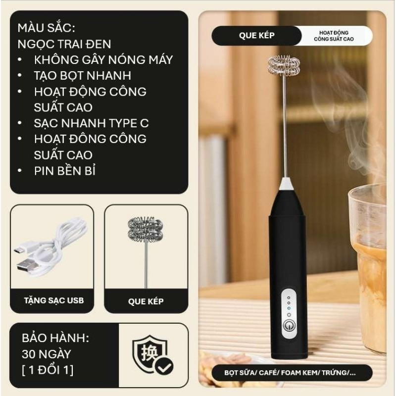 Máy Tạo Bọt Cafe, Máy Đánh Trứng Mini Cầm Tay Sạc Pin 3 Cấp Độ Tặng Kèm 2 Đầu Đánh Chuyên Dụng
