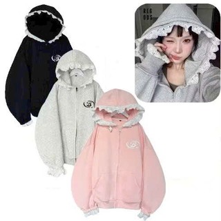 Trendy- Áo Khoác Hoodie Zip Nỉ Bông Phối Ren Mew Mew Độc Đáo,Xịn, Form Rộng Unisex, Thời Trang 2025