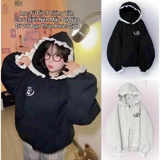 Trendy- Áo Khoác Hoodie Zip Nỉ Bông Phối Ren Mew Mew Độc Đáo,Xịn, Form Rộng Unisex, Thời Trang 2025