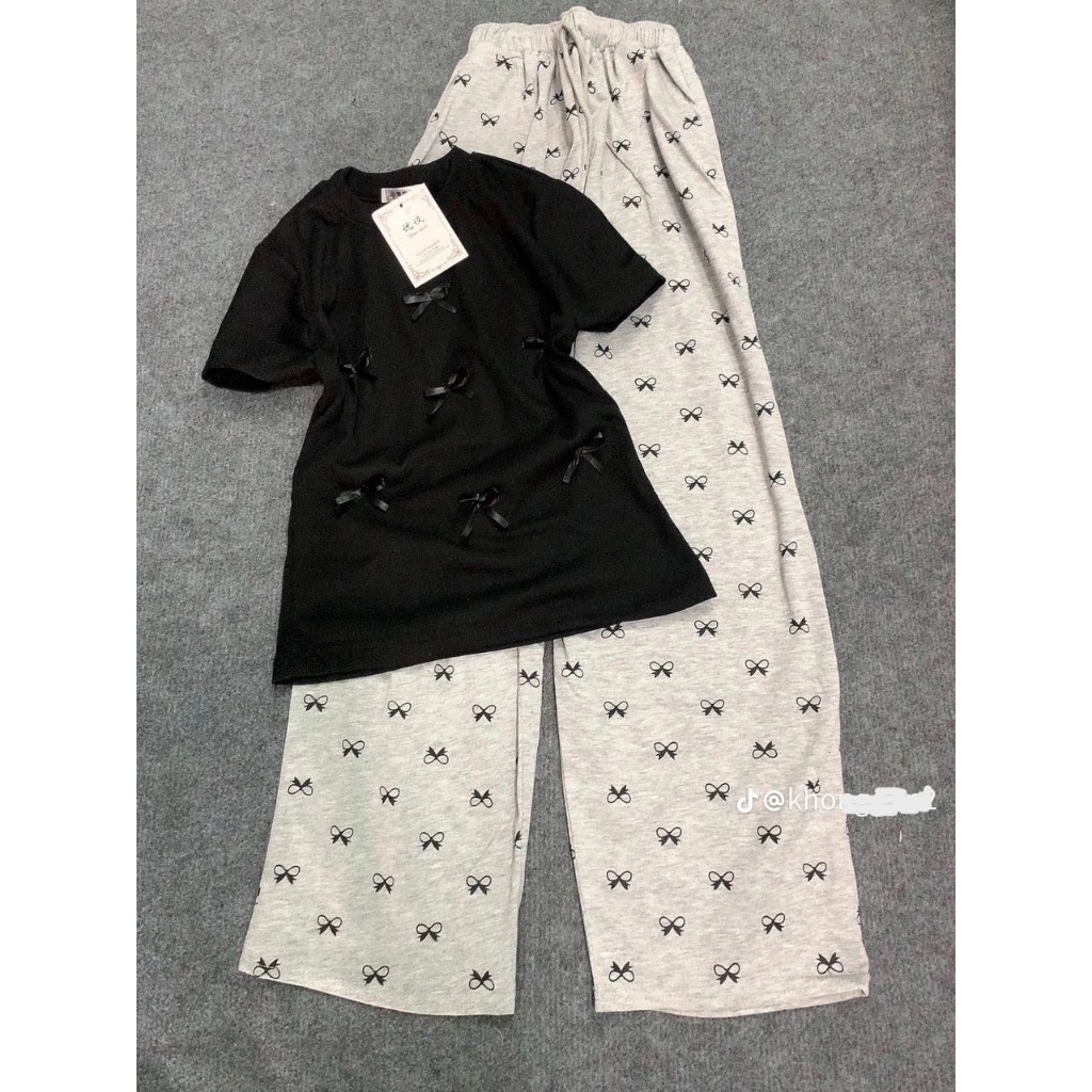 Sét Bộ Babytee Thêu Nơ Mix Quần Xuông Nơ Nhí In Kín Mặc Hè phối Đồ Đi Làm Đi Chơi Phù Hợp Với Mọi Lứa Tuổi